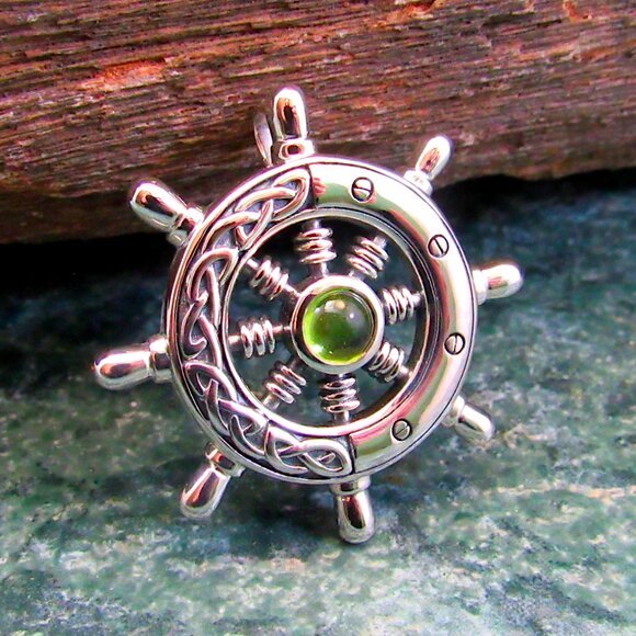 Solid 925 Sterling Silver Celtic Ship Wheel Helm Nautical Pendant w/ Gemstone - Picture 4 of 13